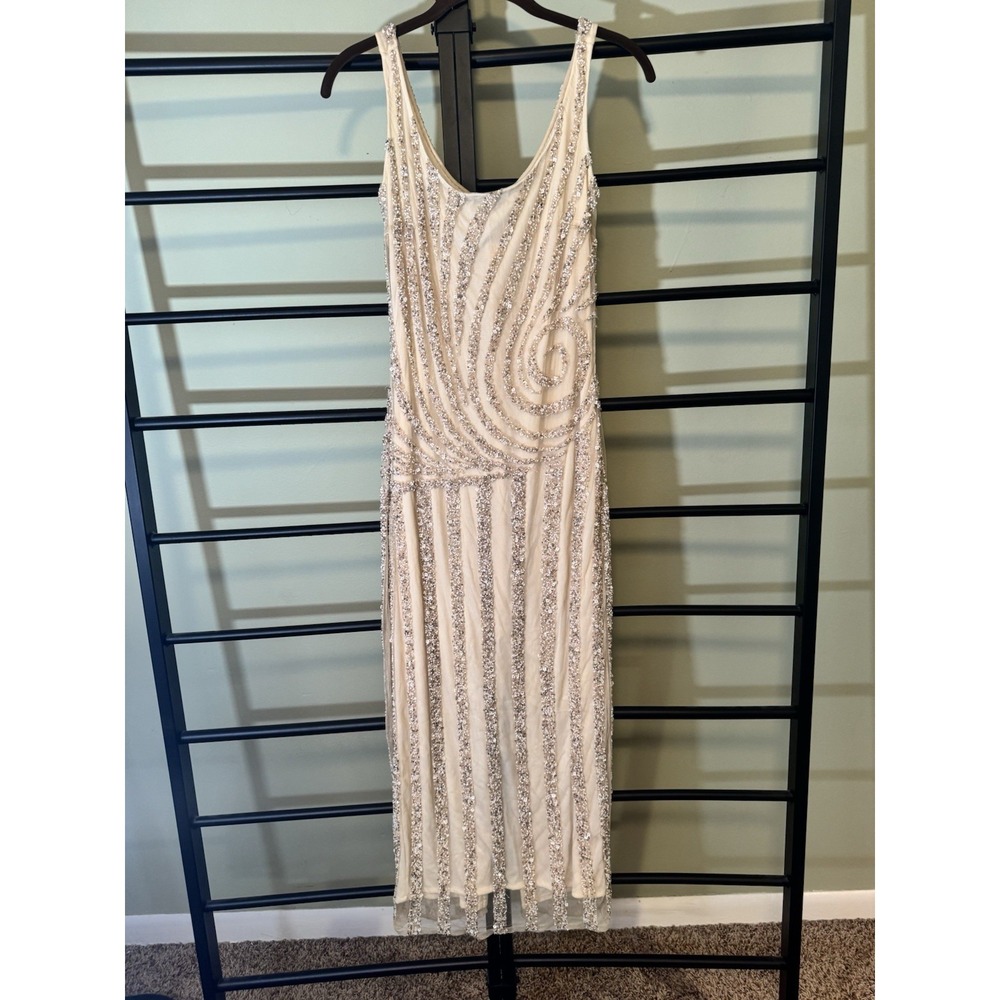 Vintage Stenay Size 8 Beaded Formal Dress Gown Art Deco Gatsby Ivory Cream Long